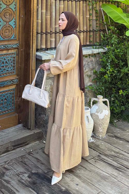 Sand Beige Mandarin Collar Cotton Unprinted Dresess