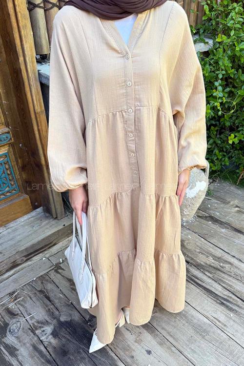 Sand Beige Mandarin Collar Cotton Unprinted Dresess