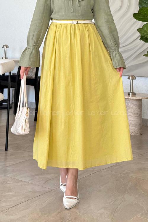 Lamelif Vual Kemerli Tesettür Etek Sarı