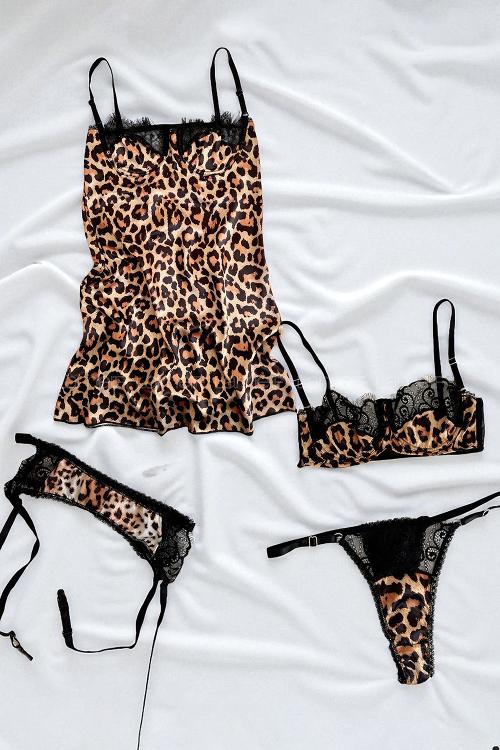 Lamelif Rhera Dantelli Saten Gecelikli Jartiyer Takım