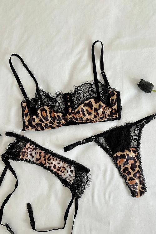 Lamelif Rhera Dantelli Saten Gecelikli Jartiyer Takım