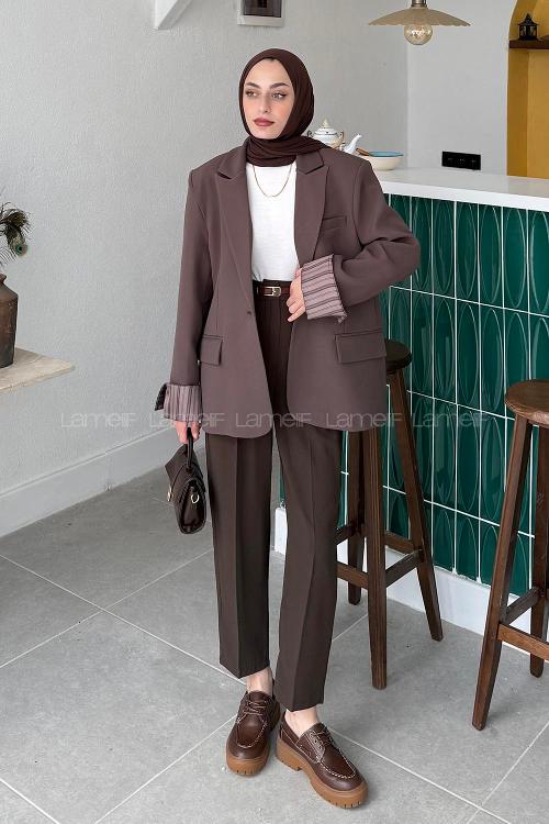 Lamelif Astarı Çizgili Atlas Ceket Kahverengi