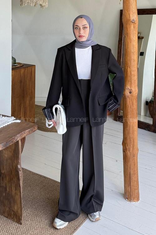 Lamelif Astarı Çizgili Atlas Ceket Siyah