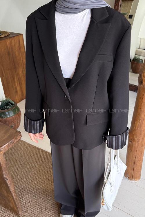 Lamelif Astarı Çizgili Atlas Ceket Siyah