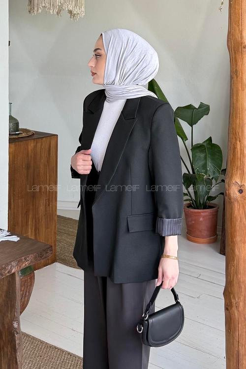 Lamelif Çizgili Astarlı Tesettür Ceket Siyah