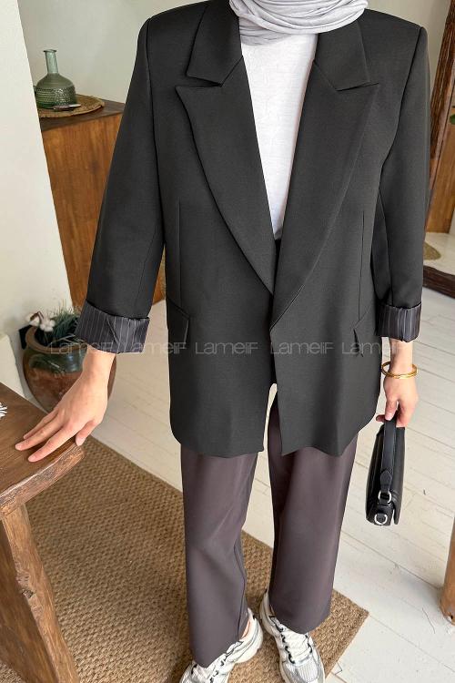 Lamelif Çizgili Astarlı Tesettür Ceket Siyah