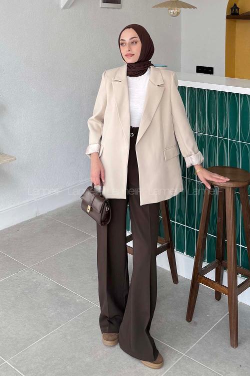 Lamelif Çizgili Astarlı Tesettür Ceket Taş Rengi