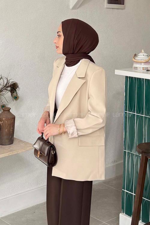 Lamelif Çizgili Astarlı Tesettür Ceket Taş Rengi