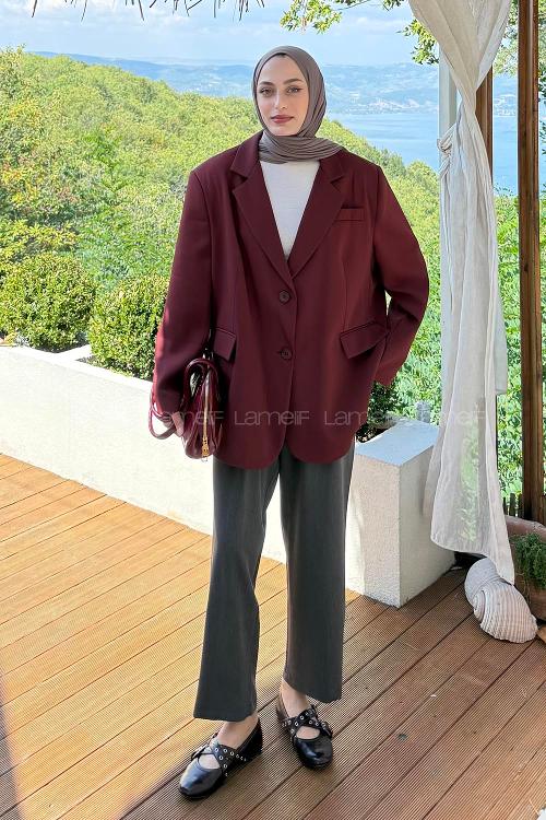 Lamelif Dekoratif Cep Detaylı Tesettür Ceket Bordo