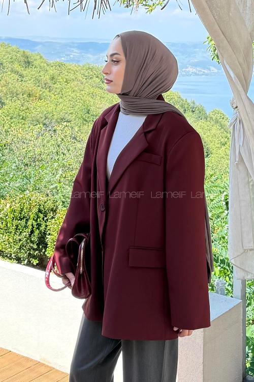 Lamelif Dekoratif Cep Detaylı Tesettür Ceket Bordo