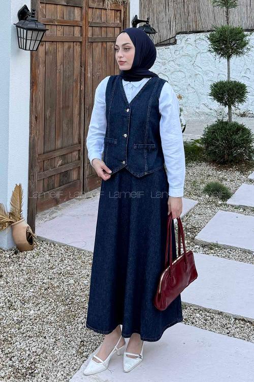 Lamelif Denim Yelek-Etek İkili Tesettür Takım Koyu Yıkama Mavi