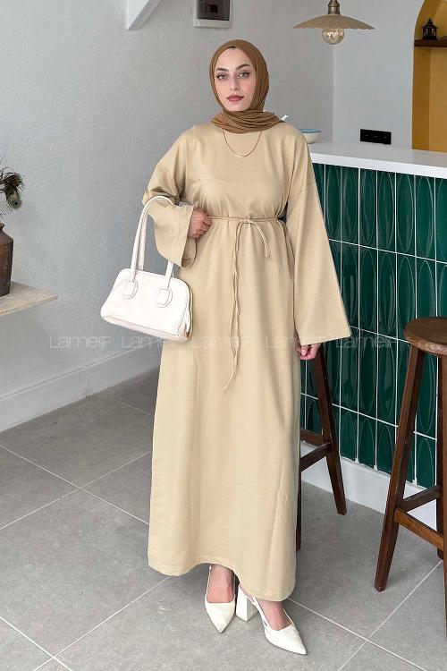 Beige Mock Turtle Neck Cotton Dresess