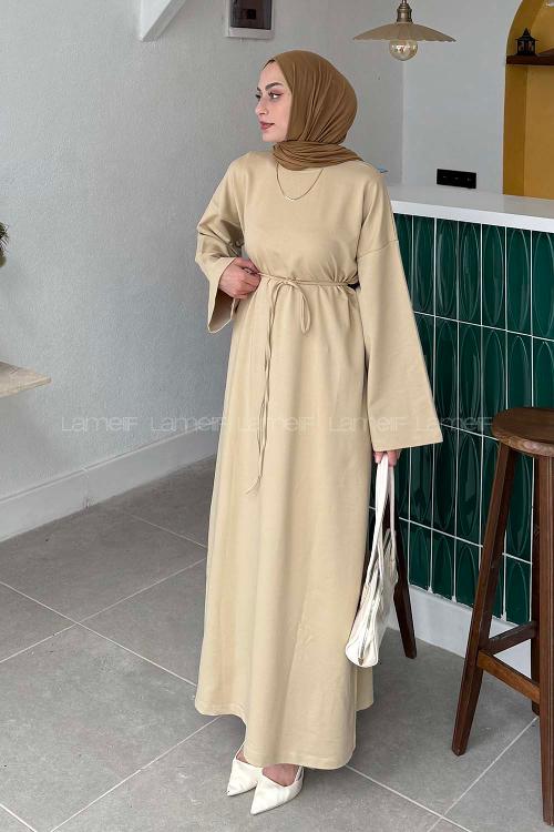 Beige Mock Turtle Neck Cotton Dresess