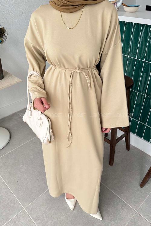 Beige Mock Turtle Neck Cotton Dresess