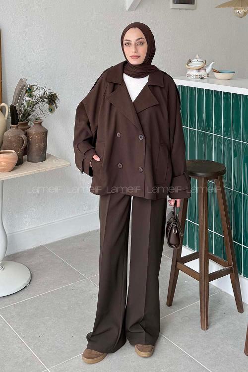 Lamelif Kruvaze Kısa Tesettür Trençkot Acı Kahve