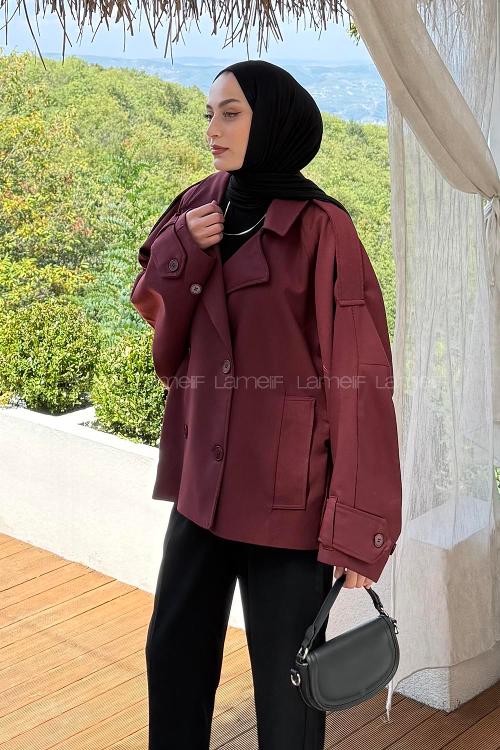 Lamelif Kruvaze Kısa Tesettür Trençkot Bordo
