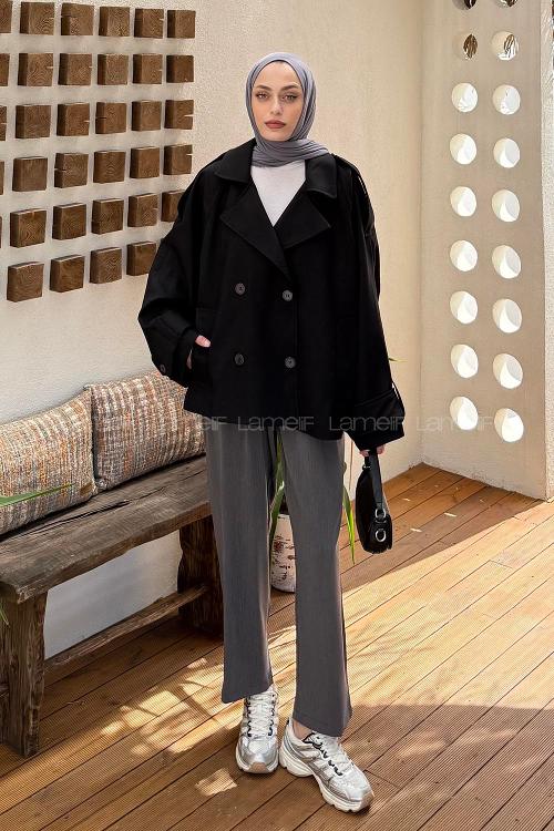 Lamelif Kruvaze Kısa Tesettür Trençkot Siyah