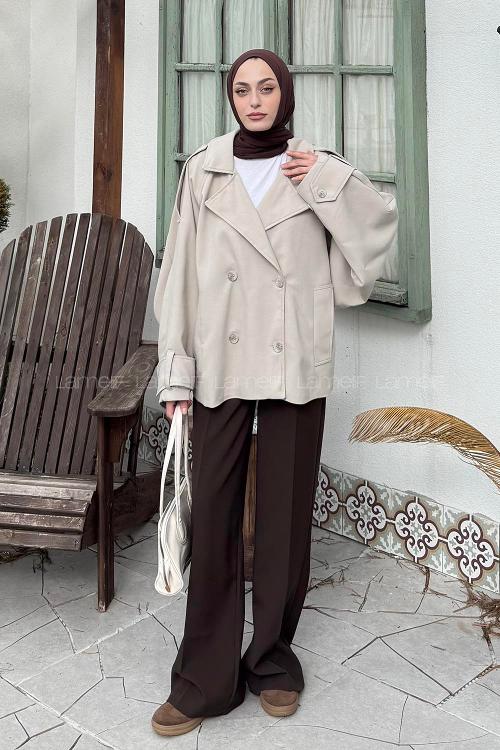Lamelif Kruvaze Kısa Tesettür Trençkot Taş Rengi