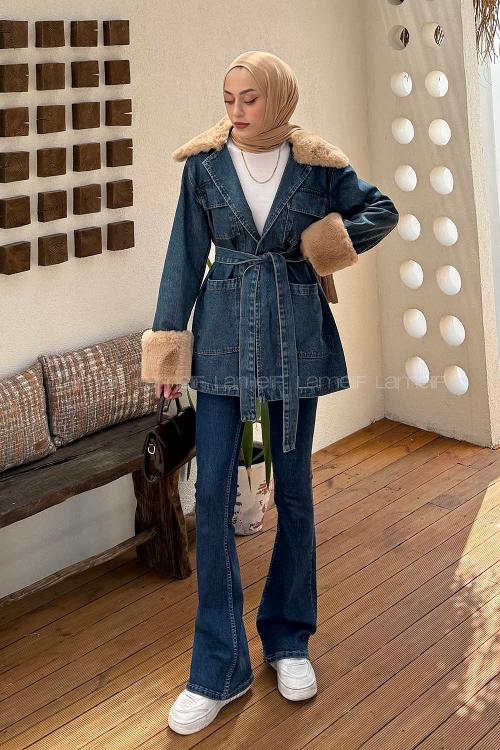 Lamelif Kürklü Kot Ceket Kot Mavisi