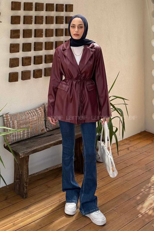 Lamelif Oversize Deri Ceket Bordo