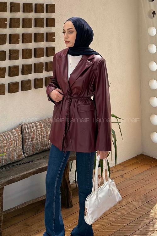 Lamelif Oversize Deri Ceket Bordo