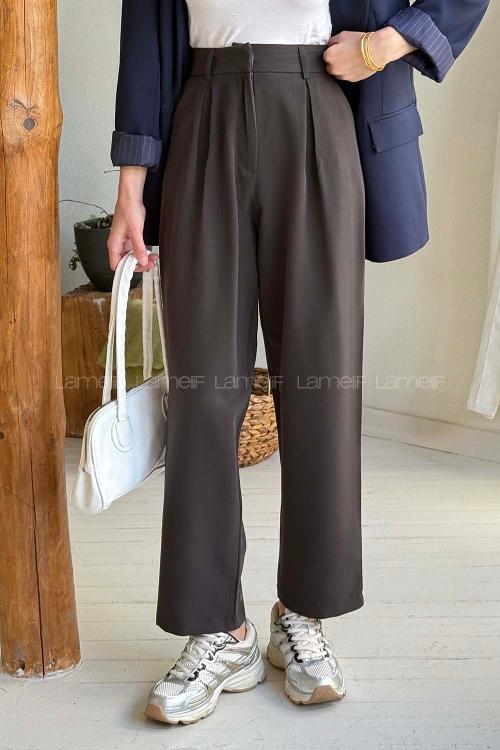 Bitter Brown Viscose Fabric Elastan Polyester Normal Waist Material Pants