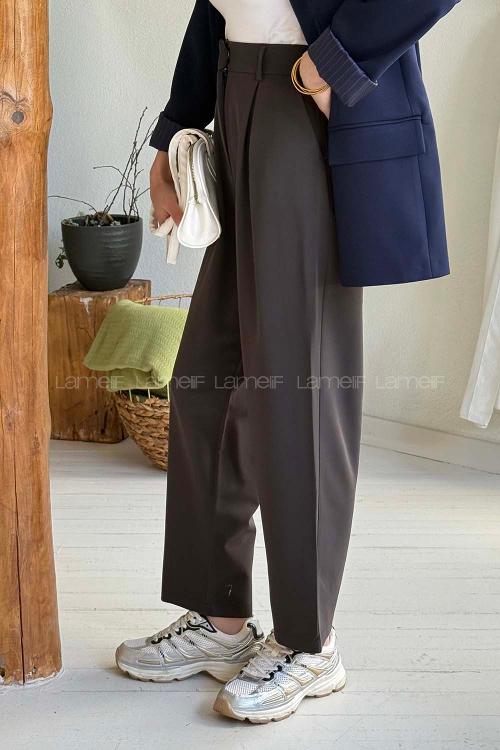 Bitter Brown Viscose Fabric Elastan Polyester Normal Waist Material Pants