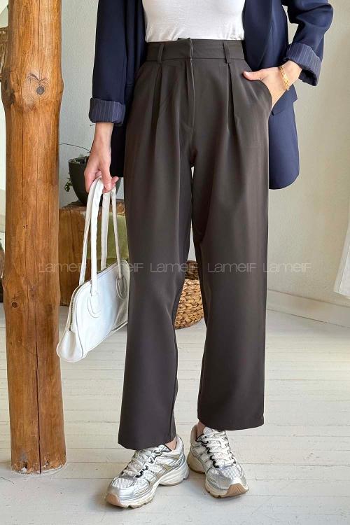 Bitter Brown Viscose Fabric Elastan Polyester Normal Waist Material Pants