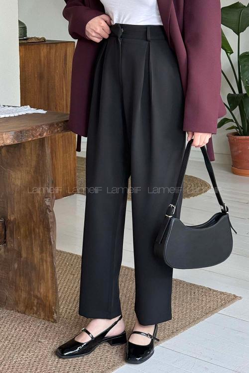 Black Viscose Fabric Elastan Polyester Normal Waist Material Pants