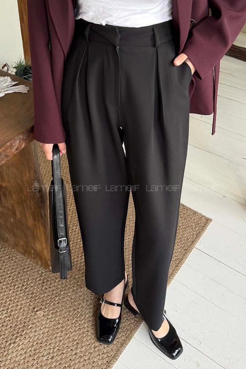 Black Viscose Fabric Elastan Polyester Normal Waist Material Pants
