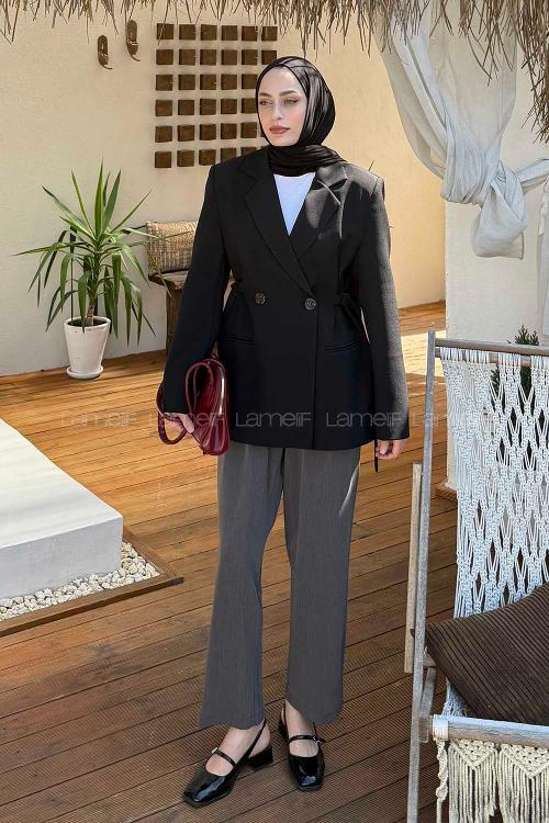 Lamelif Yandan Bağlamalı Ceket Siyah