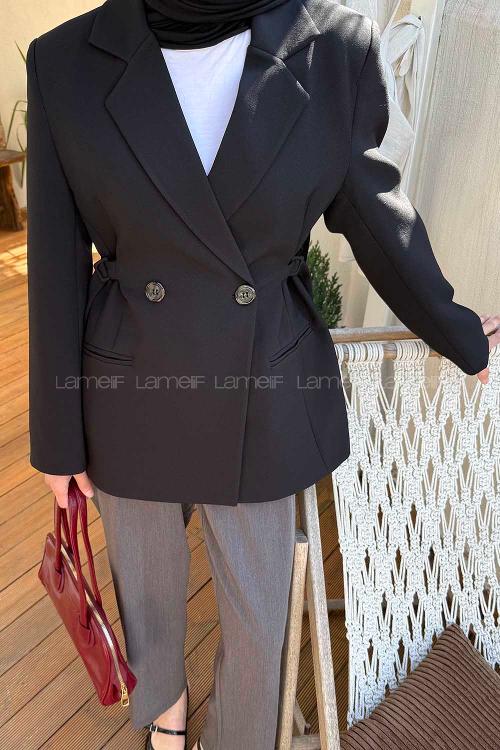 Lamelif Yandan Bağlamalı Ceket Siyah