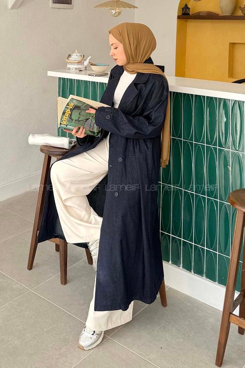 Lamelif Bağlama Detaylı Kot Trenç Kot Mavisi