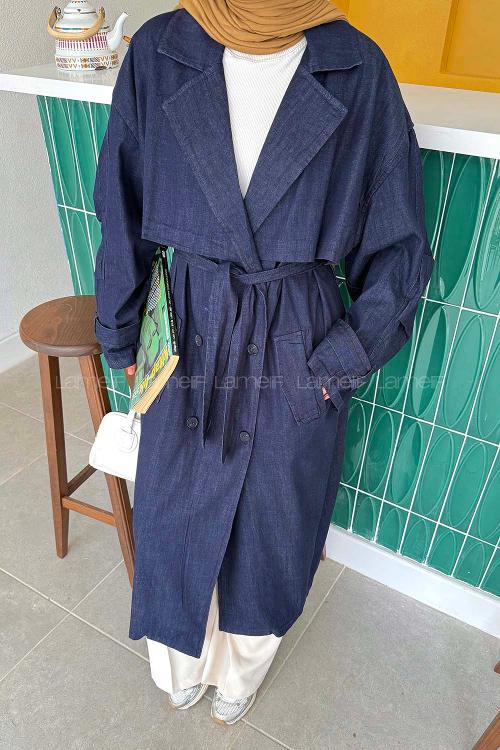 Lamelif Bağlama Detaylı Kot Trenç Kot Mavisi