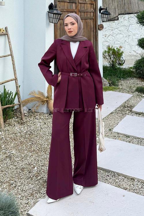 Lamelif Ceket-Pantolon İkili Tesettür Takım Bordo
