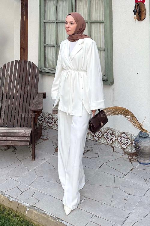 Lamelif Derin Pens Detaylı Tesettür Takım Beyaz