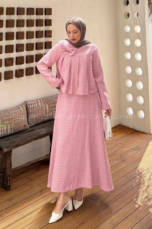 Lamelif Pile Detaylı Tesettür Tüvit Takım Pembe