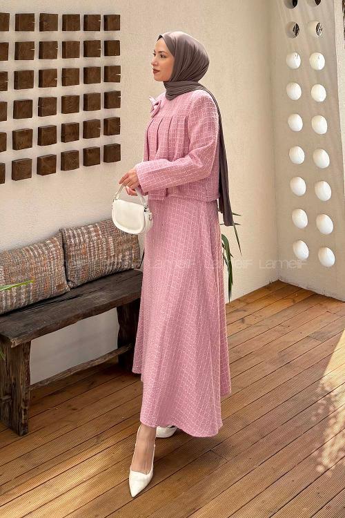 Lamelif Pile Detaylı Tesettür Tüvit Takım Pembe