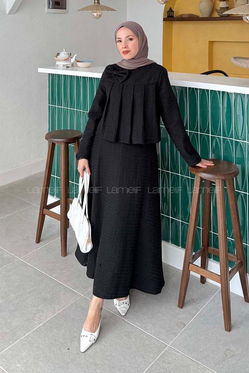 Lamelif Pile Detaylı Tesettür Tüvit Takım Siyah