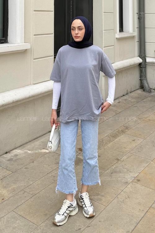 Lamelif Bsikilet Yaka İki İplik Tişört Gri