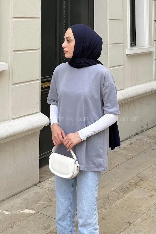 Lamelif Bsikilet Yaka İki İplik Tişört Gri