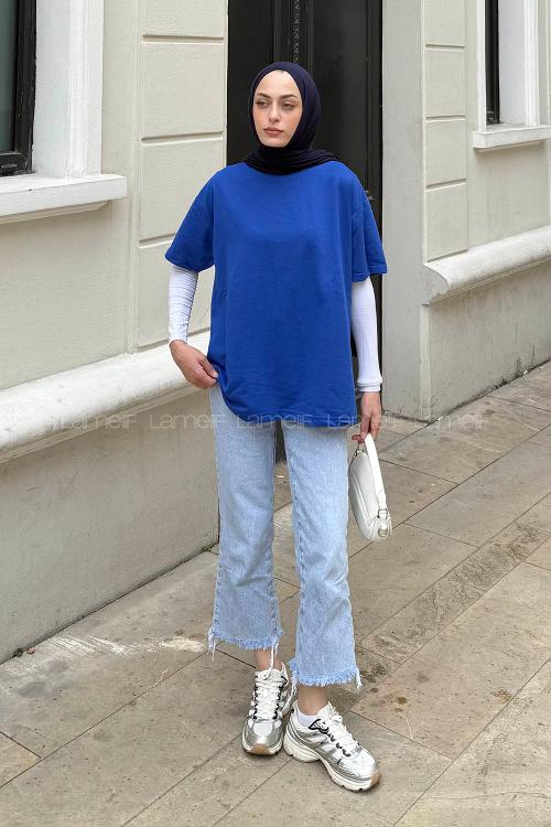 Lamelif Bsikilet Yaka İki İplik Tişört Saks Mavisi
