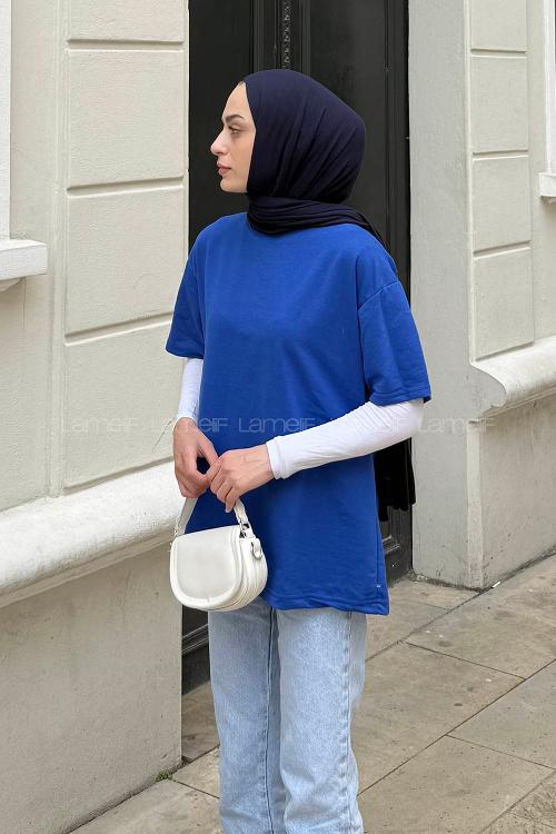 Lamelif Bsikilet Yaka İki İplik Tişört Saks Mavisi