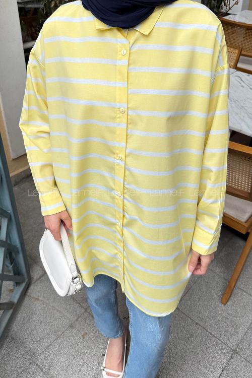 Lamelif Oversize Çizgi Detaylı Gömlek Sarı