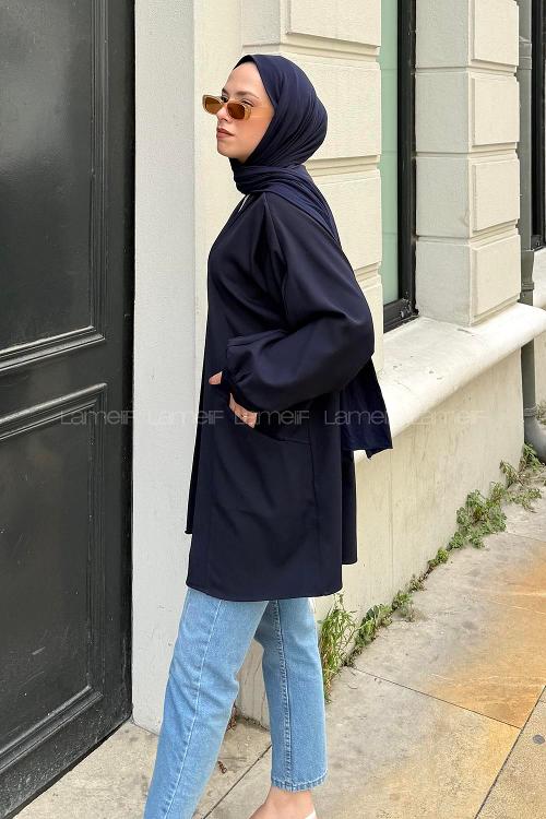 Lamelif Cep Detaylı Atlas Kimono Lacivert