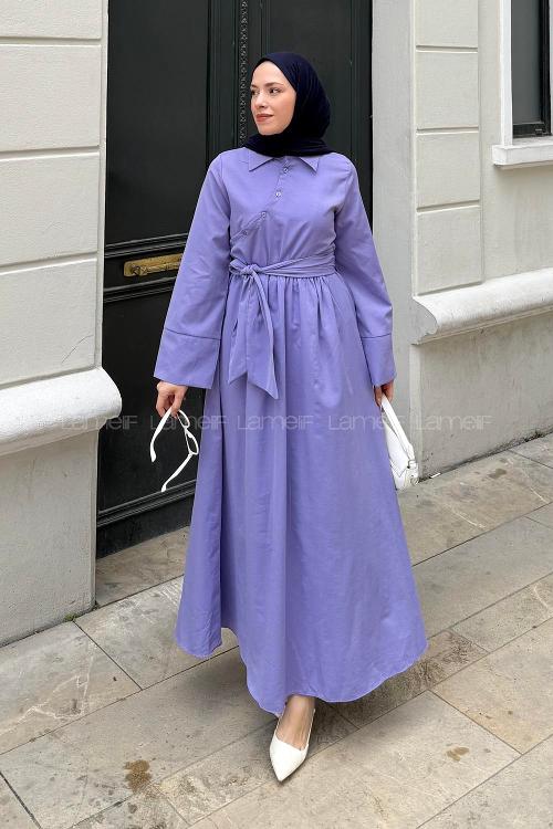 Purble Shirt Collar Cotton Dresess