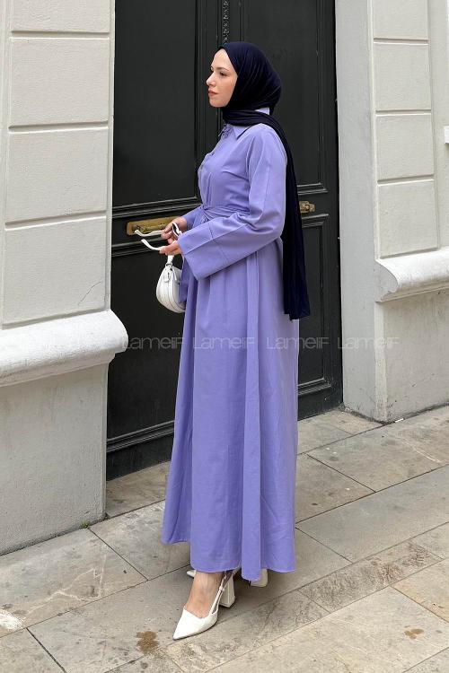 Purble Shirt Collar Cotton Dresess