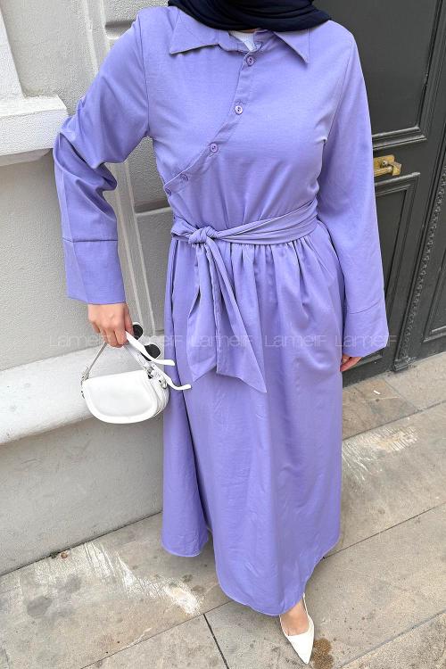 Purble Shirt Collar Cotton Dresess