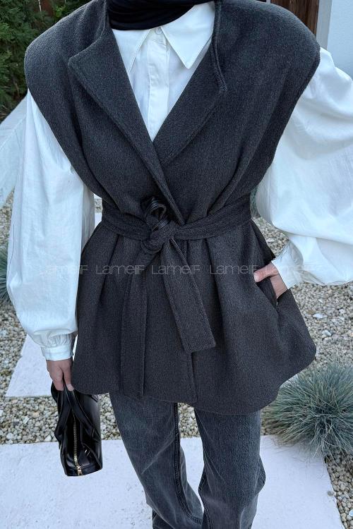 Lamelif Bağlamalı Kaşe Yelek Antrasit