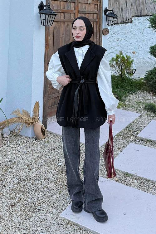 Lamelif Bağlamalı Kaşe Yelek Siyah
